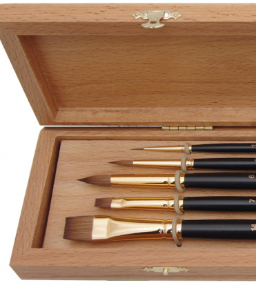 Набор №4. Пять кистей из волоса колонка на длинной ручке № 1, 3, 6 - круглые № 7, 14 - плоские, в бу